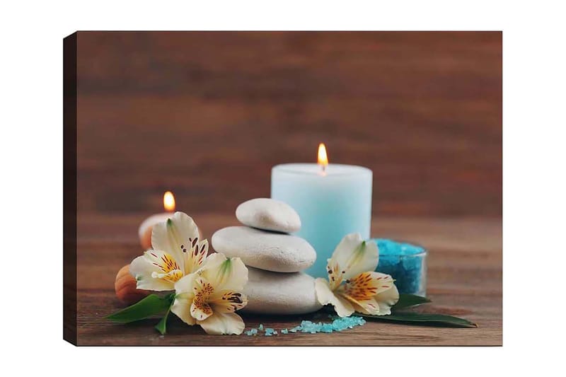 Canvas taulu 70x100 cm - Rauhallinen kivi-, kukka- ja kynttiläyhdistelmä luo rentouttavan tunnelman, Vaaleansininen / Valkoinen / Vihreä
