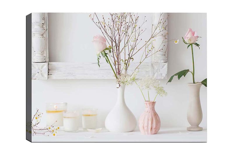 Canvas taulu 70x100 cm - Rauhallinen kukkasommitelma erilaisissa maljakoissa romanttisella tunnelmalla, Vaaleanpunainen / Valkoinen / Beige
