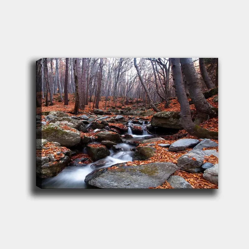 Canvas taulu 70x100 cm - Rauhallinen metsämaisema syksyn väristen lehtien ja kivien ympäröimänä ja solinaavan puron ympäröimänä, Harmaa / Oranssi / Ruskea