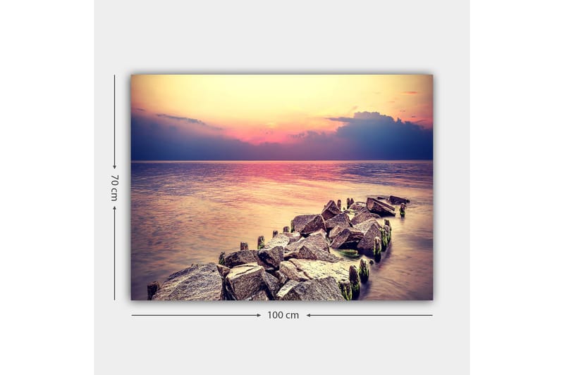 Canvas taulu 70x100 cm - Rauhallinen näkymä kallioiselle rannalle auringonlaskun aikaan - Harmaa / Vaaleansininen / Vaaleanpunainen - Sisustustuotteet - Taulu & taide - Canvas-taulu