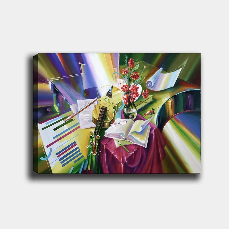 Canvas taulu 70x100 cm - Rauhallinen sävellys viululla, kukilla ja musiikin kauneutta korostavilla nuoteilla, Vihreä / Punainen / Violetti
