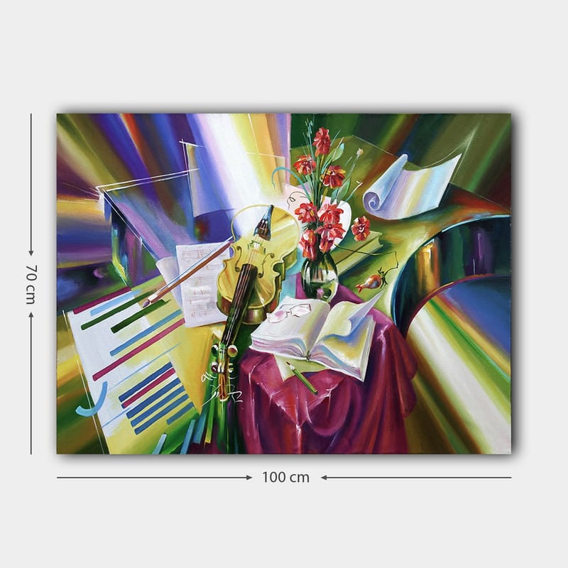 Canvas taulu 70x100 cm - Rauhallinen sävellys viululla, kukilla ja musiikin kauneutta korostavilla nuoteilla - Vihreä / Punainen / Violetti - Sisustustuotteet - Taulu & taide - Canvas-taulu