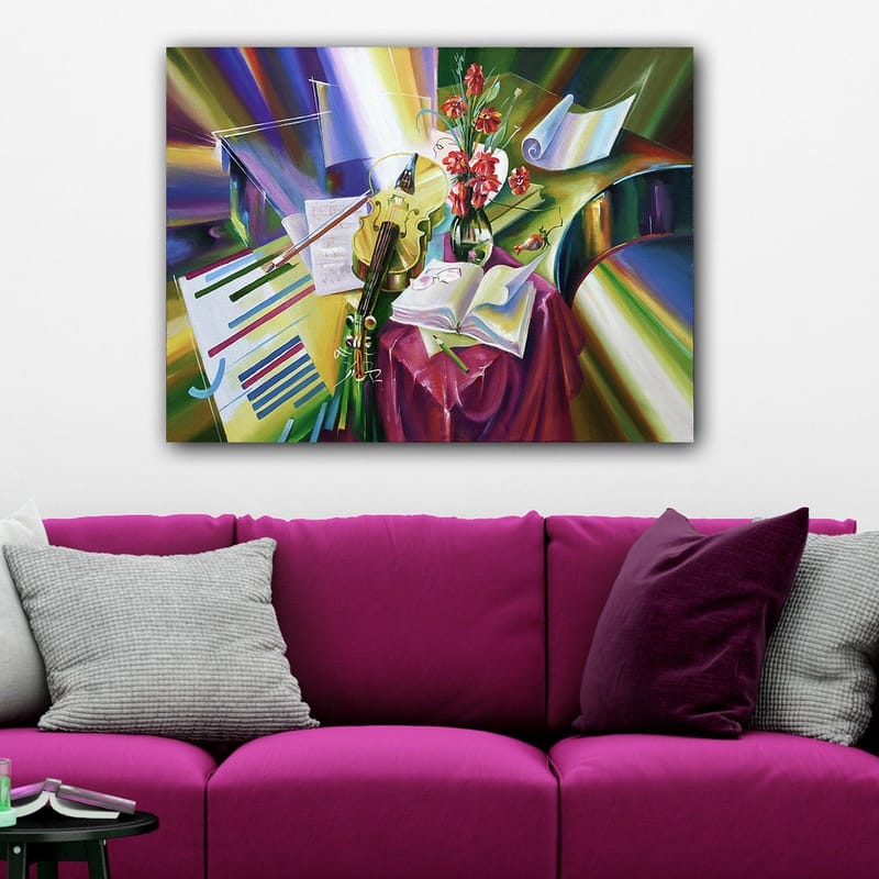 Canvas taulu 70x100 cm - Rauhallinen sävellys viululla, kukilla ja musiikin kauneutta korostavilla nuoteilla - Vihreä / Punainen / Violetti - Sisustustuotteet - Taulu & taide - Canvas-taulu