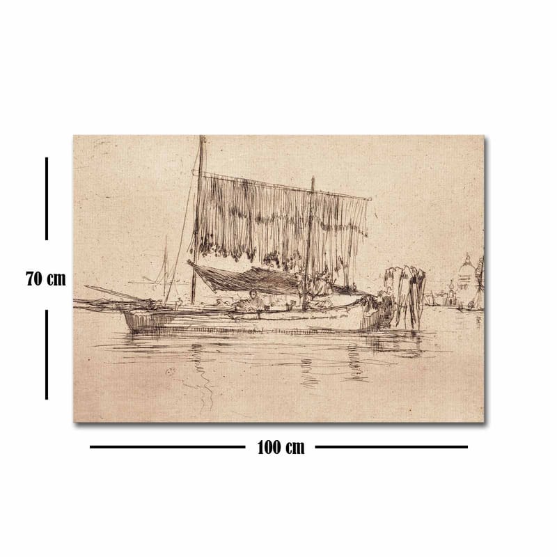 Canvas taulu 70x100 cm - Rauhallinen satamamaisema purjeveneineen ja ihmisineen veden äärellä - Beige / Ruskea - Sisustustuotteet - Taulu & taide - Canvas-taulu