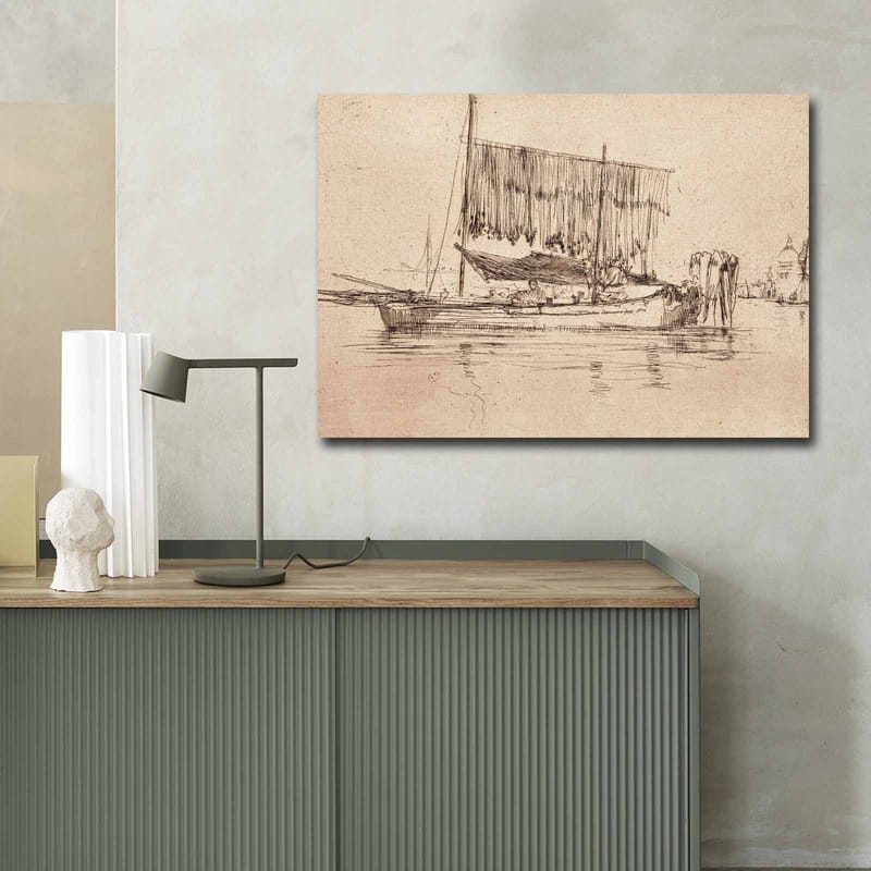 Canvas taulu 70x100 cm - Rauhallinen satamamaisema purjeveneineen ja ihmisineen veden äärellä - Beige / Ruskea - Sisustustuotteet - Taulu & taide - Canvas-taulu