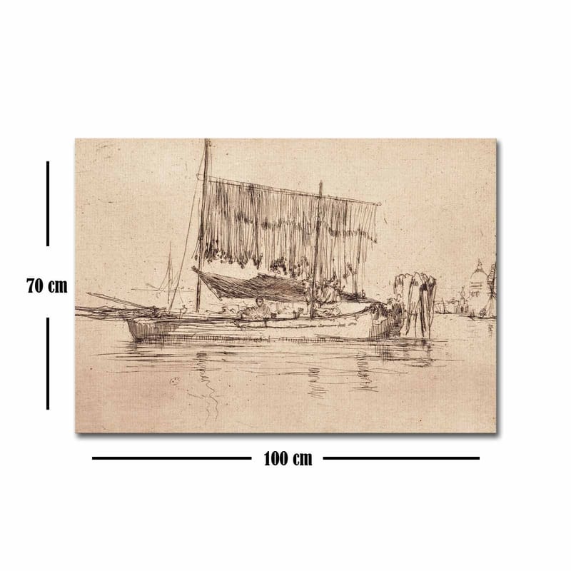Canvas taulu 70x100 cm - Rauhallinen satamamaisema purjeveneineen ja ihmisineen veden äärellä - Beige / Ruskea - Sisustustuotteet - Taulu & taide - Canvas-taulu