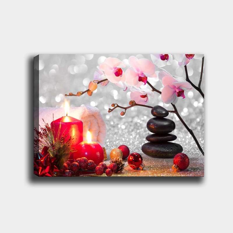 Canvas taulu 70x100 cm - Rauhallinen sommitelma, jossa kirkkaanvärisiä orkideoita, mustia kiviä ja punaisia kynttilöitä luo harmonisen tunnelman, Vaaleanpunainen / Punainen / Musta