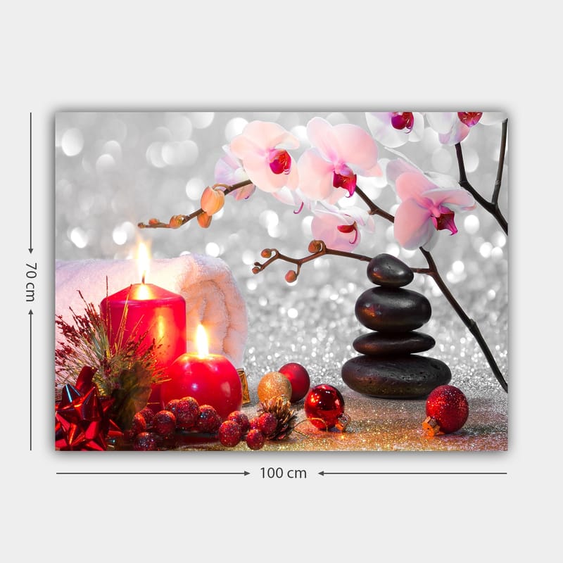 Canvas taulu 70x100 cm - Rauhallinen sommitelma, jossa kirkkaanvärisiä orkideoita, mustia kiviä ja punaisia kynttilöitä luo harmonisen tunnelman - Vaaleanpunainen / Punainen / Musta - Sisustustuotteet - Taulu & taide - Canvas-taulu