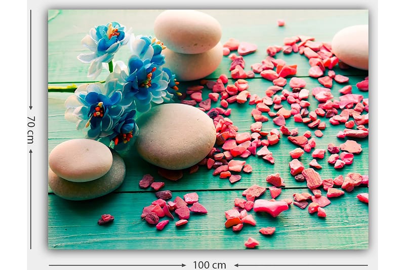 Canvas taulu 70x100 cm - Rauhallinen sommitelma kivillä ja sinisillä kukilla vihreällä taustalla - Sininen / Vaaleanpunainen / Vihreä - Sisustustuotteet - Taulu & taide - Canvas-taulu