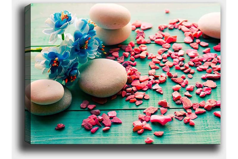 Canvas taulu 70x100 cm - Rauhallinen sommitelma kivillä ja sinisillä kukilla vihreällä taustalla - Sininen / Vaaleanpunainen / Vihreä - Sisustustuotteet - Taulu & taide - Canvas-taulu