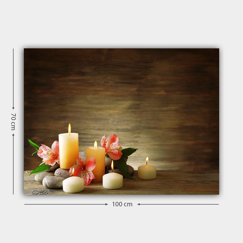 Canvas taulu 70x100 cm - Rauhallinen sommitelma loistavista valoista ja vaaleanpunaisista kukista kivillä - Vaaleankeltainen / Vaaleanpunainen / Vihreä - Sisustustuotteet - Taulu & taide - Canvas-taulu