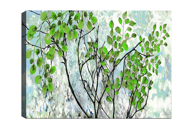 Canvas taulu 70x100 cm - Reheviä oksia ja eloisia lehtiä harmonisessa sommitelmassa, Vihreä / Musta / Vaaleansininen
