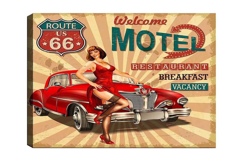 Canvas taulu 70x100 cm - Retrohenkinen juliste, jossa punainen mekkoinen nainen poseeraa klassisen punaisen auton vieressä, Punainen / Musta / Beige