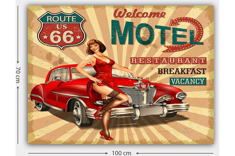 Canvas taulu 70x100 cm - Retrohenkinen juliste, jossa punainen mekkoinen nainen poseeraa klassisen punaisen auton vieressä - Punainen / Musta / Beige - Sisustustuotteet - Taulu & taide - Canvas-taulu