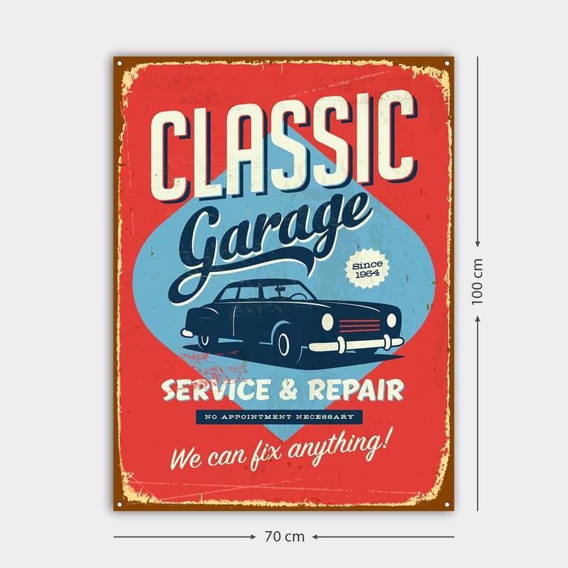 Canvas taulu 70x100 cm - Retrohenkinen kyltti klassisella autolla ja tekstillä autokorjaamolle - Punainen / Sininen / Musta - Sisustustuotteet - Taulu & taide - Canvas-taulu