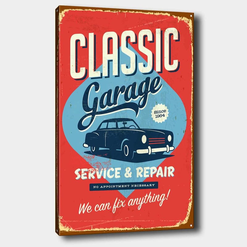 Canvas taulu 70x100 cm - Retrohenkinen kyltti klassisella autolla ja tekstillä autokorjaamolle, Punainen / Sininen / Musta