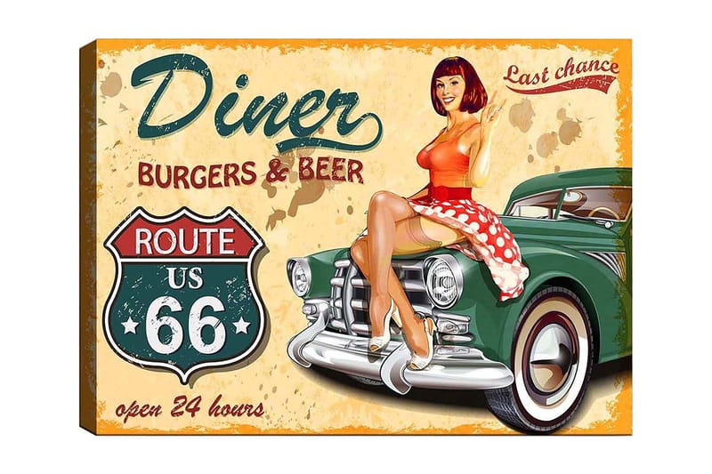 Canvas taulu 70x100 cm - Retrohenkinen maalaus, jossa punainen, valkopilkullinen mekkoinen nainen istuu vintage-auton päällä ruokalassa., Punainen / Vihreä / Beige