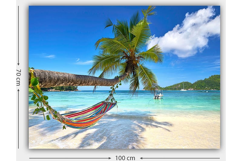 Canvas taulu 70x100 cm - Riippumatto palmujen välissä trooppisella rannalla kirkkaansinisellä merellä - Vihreä / Sininen / Beige - Sisustustuotteet - Taulu & taide - Canvas-taulu