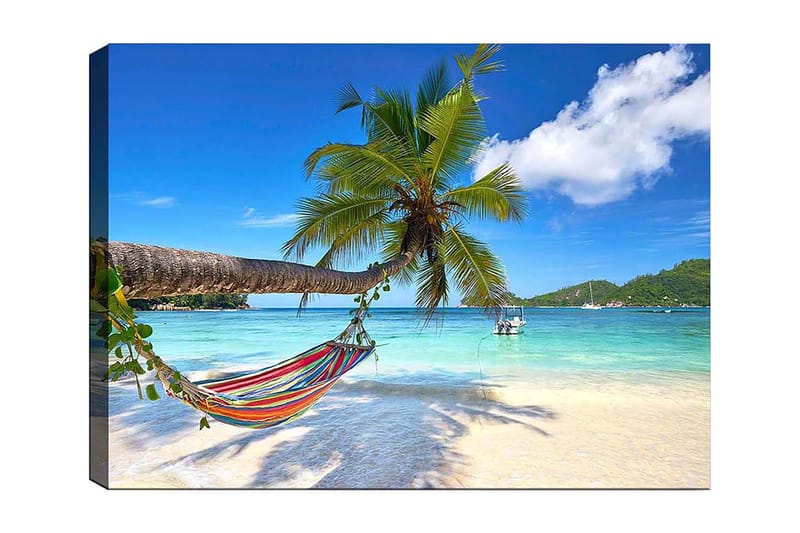 Canvas taulu 70x100 cm - Riippumatto palmujen välissä trooppisella rannalla kirkkaansinisellä merellä, Vihreä / Sininen / Beige