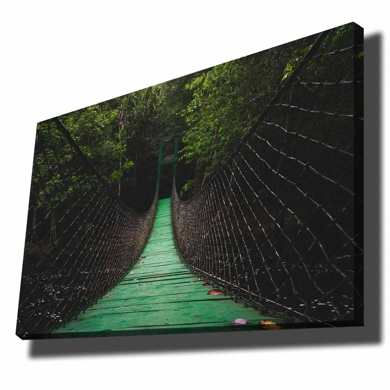 Canvas taulu 70x100 cm - Riippusilta rehevän metsän läpi, Vihreä / Musta