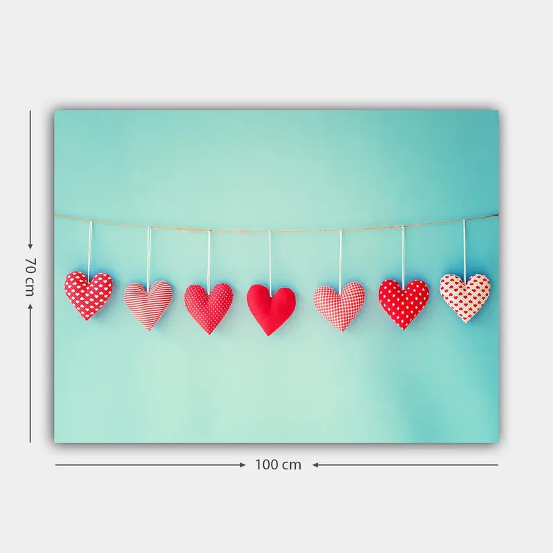 Canvas taulu 70x100 cm - Roikkuvia sydämiä eri kuvioissa ja punaisen sävyissä - Punainen / Vaaleansininen / Valkoinen - Sisustustuotteet - Taulu & taide - Canvas-taulu