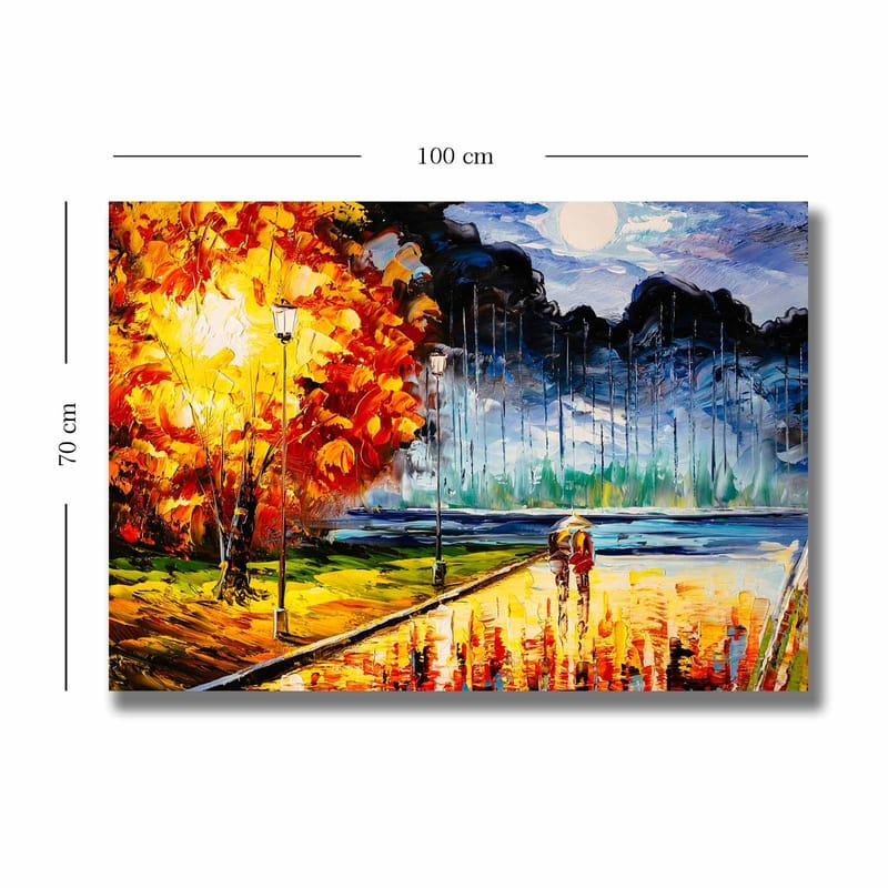 Canvas taulu 70x100 cm - Romanttinen kävely kuutamoisen taivaan alla värikkäiden syyspuiden keskellä - Oranssi / Sininen / Punainen - Sisustustuotteet - Taulu & taide - Canvas-taulu