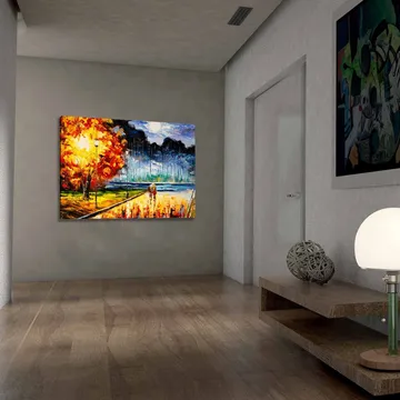 Canvas taulu 70x100 cm - Romanttinen kävely kuutamoisen taivaan alla värikkäiden syyspuiden keskellä - Oranssi / Sininen / Punainen - Sisustustuotteet - Taulu & taide - Canvas-taulu