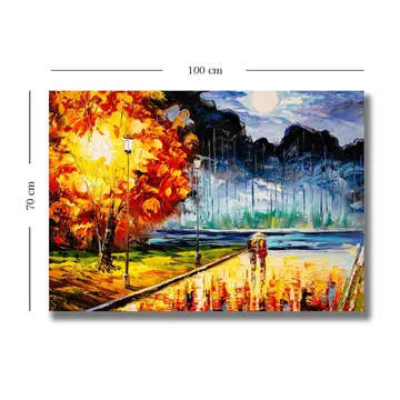 Canvas taulu 70x100 cm - Romanttinen kävely kuutamoisen taivaan alla värikkäiden syyspuiden keskellä - Oranssi / Sininen / Punainen - Sisustustuotteet - Taulu & taide - Canvas-taulu