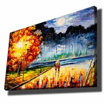 Canvas taulu 70x100 cm - Romanttinen kävely kuutamoisen taivaan alla värikkäiden syyspuiden keskellä - Oranssi / Sininen / Punainen - Sisustustuotteet - Taulu & taide - Canvas-taulu