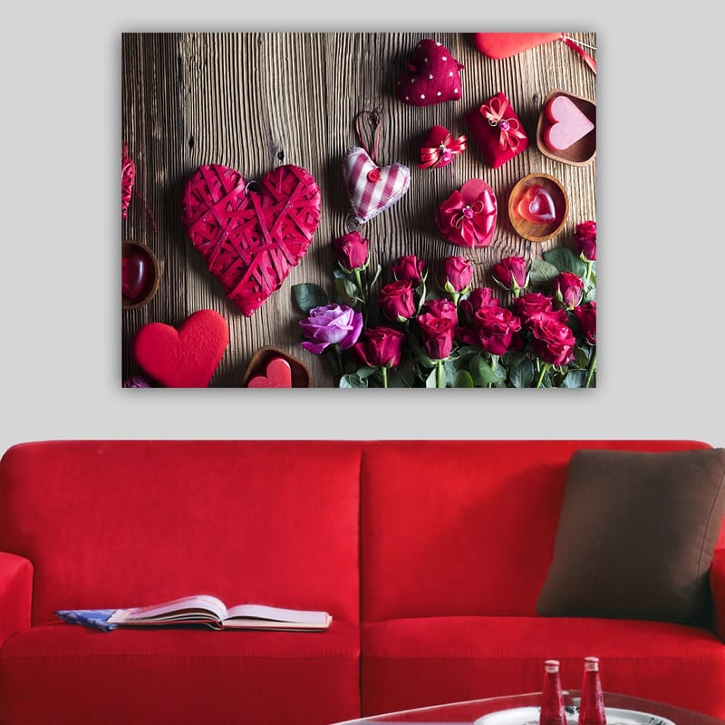 Canvas taulu 70x100 cm - Romanttinen kokoelma sydämenmuotoisia koristeita ja ruusuja - Punainen / Vihreä / Vaaleanpunainen - Sisustustuotteet - Taulu & taide - Canvas-taulu