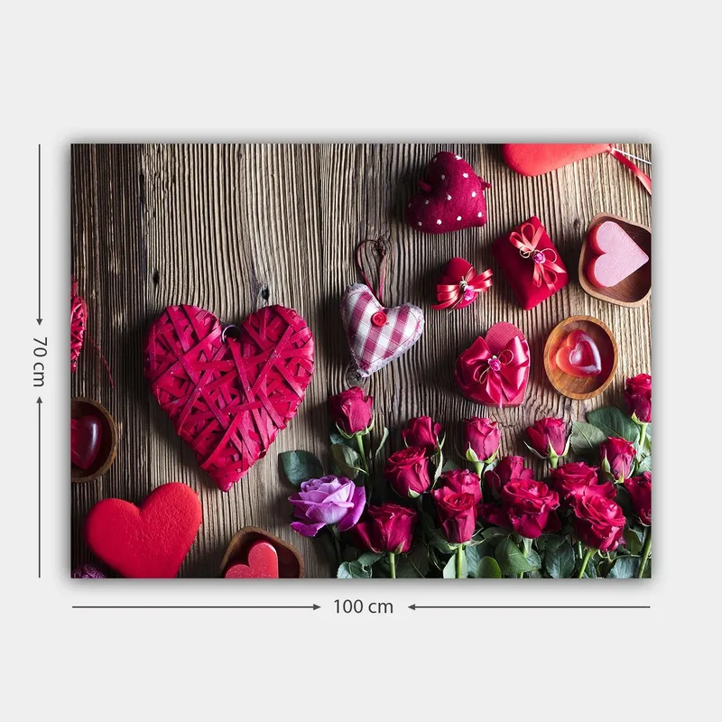 Canvas taulu 70x100 cm - Romanttinen kokoelma sydämenmuotoisia koristeita ja ruusuja - Punainen / Vihreä / Vaaleanpunainen - Sisustustuotteet - Taulu & taide - Canvas-taulu