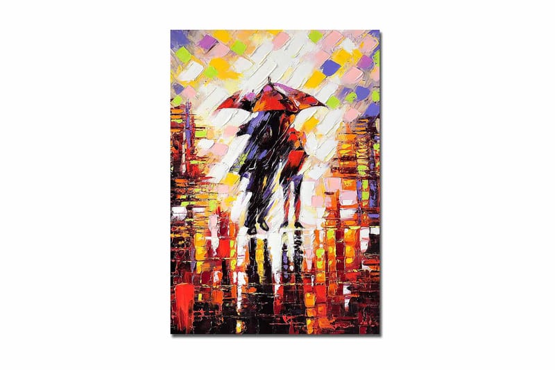 Canvas taulu 70x100 cm - Romanttinen maisema kahdesta ihmisestä, jotka jakavat sateenvarjon sateisessa kaupunkiympäristössä, Punainen / Musta / Oranssi