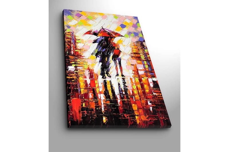 Canvas taulu 70x100 cm - Romanttinen maisema kahdesta ihmisestä, jotka jakavat sateenvarjon sateisessa kaupunkiympäristössä - Punainen / Musta / Oranssi - Sisustustuotteet - Taulu & taide - Canvas-taulu