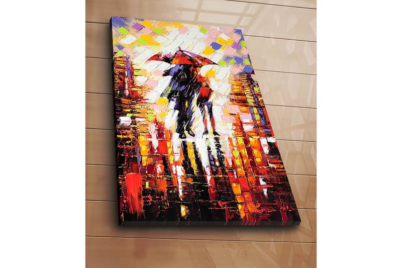 Canvas taulu 70x100 cm - Romanttinen maisema kahdesta ihmisestä, jotka jakavat sateenvarjon sateisessa kaupunkiympäristössä - Punainen / Musta / Oranssi - Sisustustuotteet - Taulu & taide - Canvas-taulu