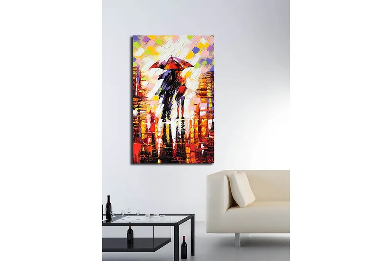 Canvas taulu 70x100 cm - Romanttinen maisema kahdesta ihmisestä, jotka jakavat sateenvarjon sateisessa kaupunkiympäristössä - Punainen / Musta / Oranssi - Sisustustuotteet - Taulu & taide - Canvas-taulu