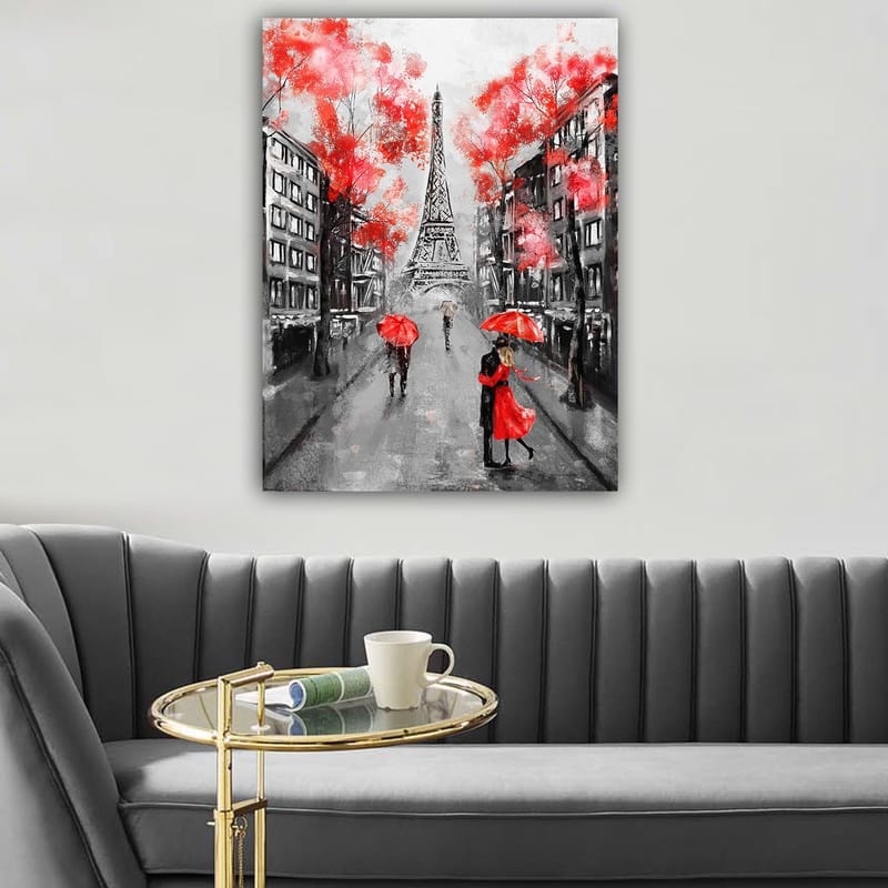 Canvas taulu 70x100 cm - Romanttinen näkymä pariskunnasta tanssimassa punaisen sateenvarjon alla Eiffel-tornin edessä Pariisissa - Punainen / Musta / Harmaa - Sisustustuotteet - Taulu & taide - Canvas-taulu