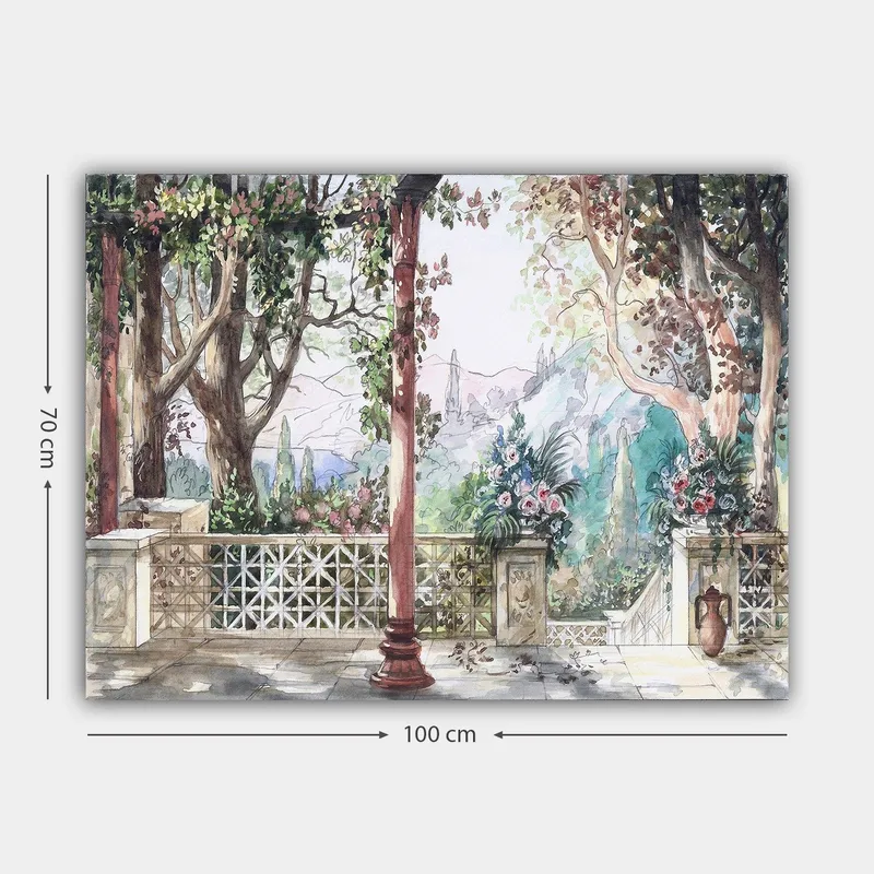 Canvas taulu 70x100 cm - Romanttinen näkymä puutarhaan, jossa on kukkia ja pylväitä aurinkoisessa ympäristössä - Vihreä / Vaaleanpunainen / Beige - Sisustustuotteet - Taulu & taide - Canvas-taulu