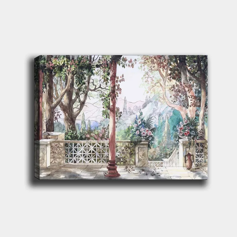 Canvas taulu 70x100 cm - Romanttinen näkymä puutarhaan, jossa on kukkia ja pylväitä aurinkoisessa ympäristössä, Vihreä / Vaaleanpunainen / Beige