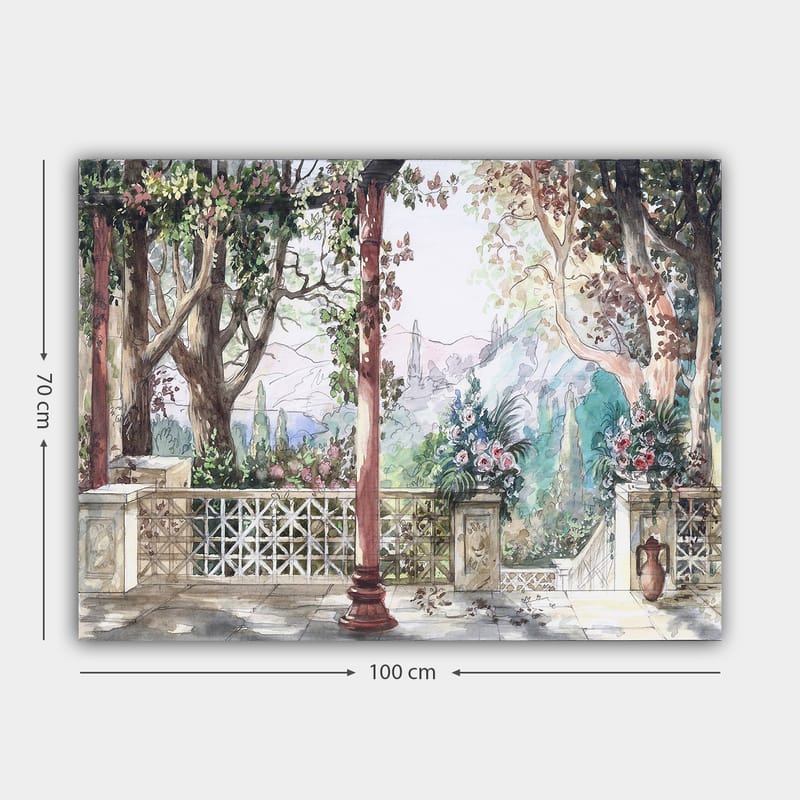 Canvas taulu 70x100 cm - Romanttinen näkymä puutarhaan, jossa on kukkia ja pylväitä aurinkoisessa ympäristössä - Vihreä / Vaaleanpunainen / Beige - Sisustustuotteet - Taulu & taide - Canvas-taulu