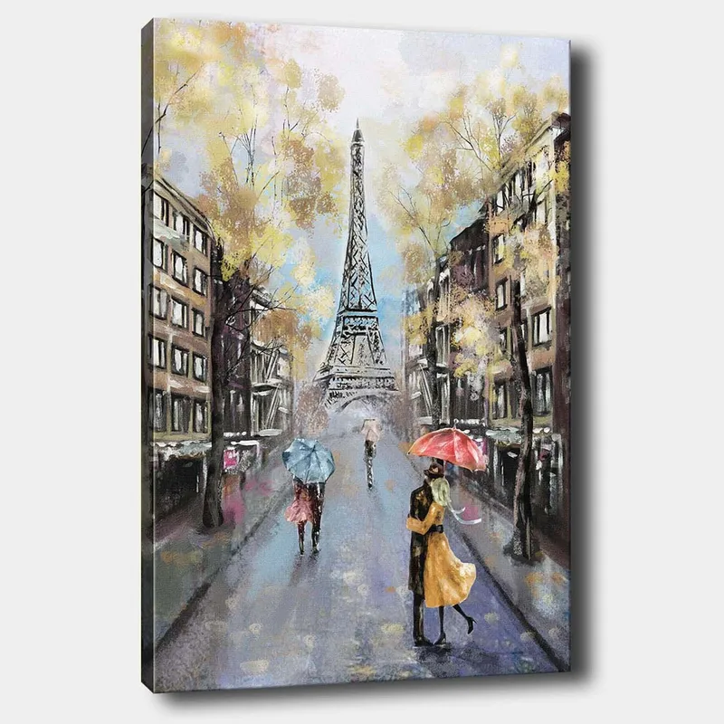 Canvas taulu 70x100 cm - Romanttinen näkymä pariskunnasta tanssimassa sateenvarjojen alla Eiffel-tornin edessä Pariisissa - Kulta / Sininen / Punainen - Sisustustuotteet - Taulu & taide - Canvas-taulu