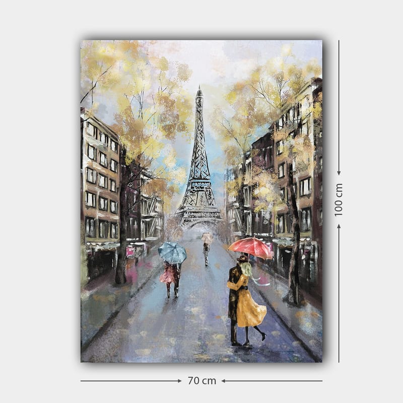 Canvas taulu 70x100 cm - Romanttinen näkymä pariskunnasta tanssimassa sateenvarjojen alla Eiffel-tornin edessä Pariisissa - Kulta / Sininen / Punainen - Sisustustuotteet - Taulu & taide - Canvas-taulu