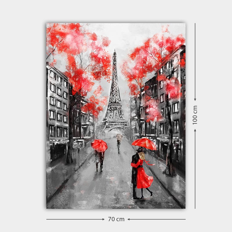 Canvas taulu 70x100 cm - Romanttinen näkymä pariskunnasta tanssimassa punaisen sateenvarjon alla Eiffel-tornin edessä Pariisissa - Punainen / Musta / Harmaa - Sisustustuotteet - Taulu & taide - Canvas-taulu