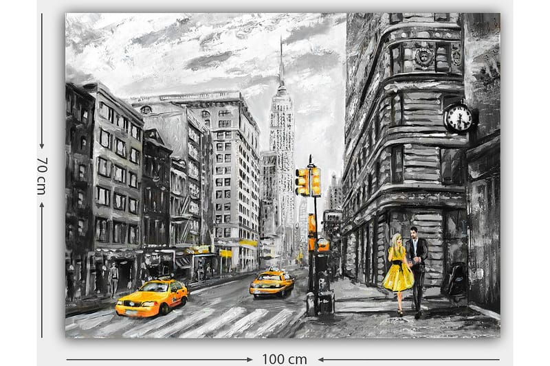 Canvas taulu 70x100 cm - Romanttinen näkymä pariskunnasta kävelemässä vilkkaalla kadulla New Yorkissa klassisten rakennusten ja keltaisten taksien ympäröimänä - Keltainen / Musta / Harmaa - Sisustustuotteet - Taulu & taide - Canvas-taulu