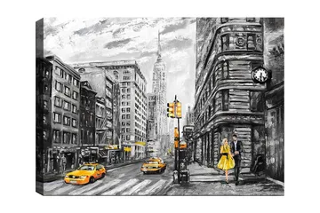 Canvas taulu 70x100 cm - Romanttinen näkymä pariskunnasta kävelemässä vilkkaalla kadulla New Yorkissa klassisten rakennusten ja keltaisten taksien ympäröimänä - Keltainen / Musta / Harmaa - Sisustustuotteet - Taulu & taide - Canvas-taulu