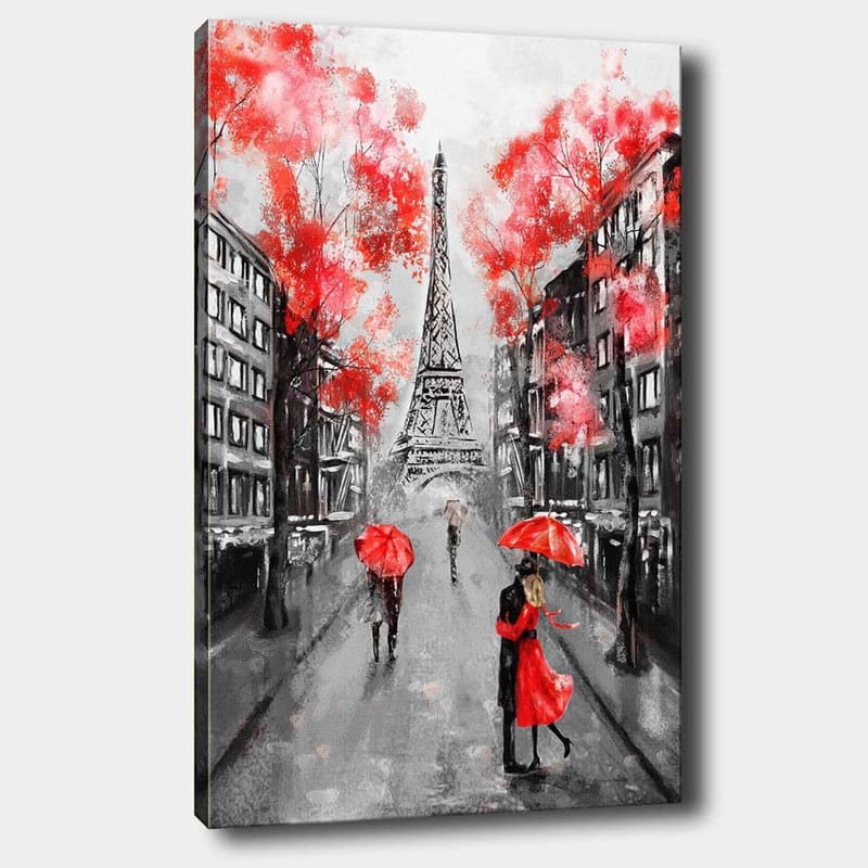 Canvas taulu 70x100 cm - Romanttinen näkymä pariskunnasta tanssimassa punaisen sateenvarjon alla Eiffel-tornin edessä Pariisissa, Punainen / Musta / Harmaa