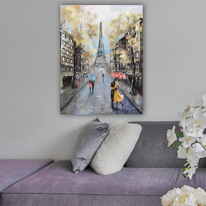 Canvas taulu 70x100 cm - Romanttinen näkymä pariskunnasta tanssimassa sateenvarjojen alla Eiffel-tornin edessä Pariisissa - Kulta / Sininen / Punainen - Sisustustuotteet - Taulu & taide - Canvas-taulu