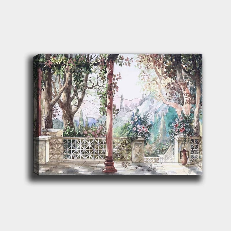 Canvas taulu 70x100 cm - Romanttinen näkymä puutarhaan, jossa on kukkia ja pylväitä aurinkoisessa ympäristössä, Vihreä / Vaaleanpunainen / Beige
