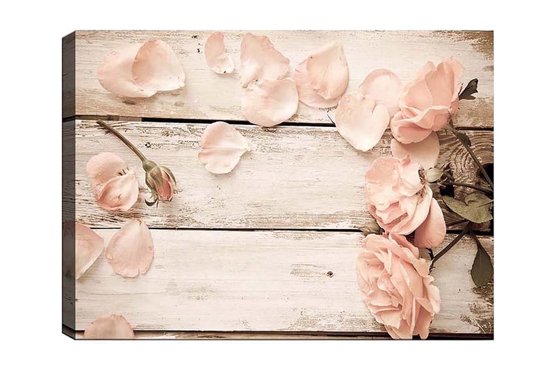 Canvas taulu 70x100 cm - Romanttinen ruusujen ja ruusun terälehdistä tehty sommitelma puupinnalla - Vaaleanpunainen / Vihreä - Sisustustuotteet - Taulu & taide - Canvas-taulu