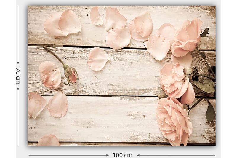 Canvas taulu 70x100 cm - Romanttinen ruusujen ja ruusun terälehdistä tehty sommitelma puupinnalla - Vaaleanpunainen / Vihreä - Sisustustuotteet - Taulu & taide - Canvas-taulu