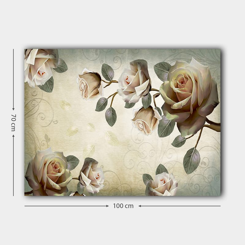 Canvas taulu 70x100 cm - Romanttinen ruususommitelma pehmeissä sävyissä, jotka symboloivat kauneutta ja rakkautta - Vaaleanpunainen / Vihreä / Beige - Sisustustuotteet - Taulu & taide - Canvas-taulu